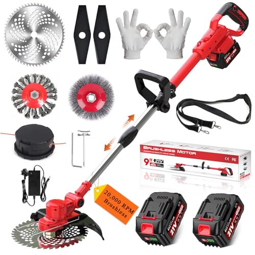 Image of Cordless Strimmer for Makita 18V Battery, 750W Brushless Grass Trimmer with 2 x 4.0Ah Batteries & Fast Charger, 4-in-1 Blade Set for Grass Weeds Garden Strimmer (Red)