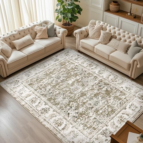 jinchan Fiora 9x12 Area Rugs for Living Room - Machine Washable Vintage Floral Distressed Design Stain Resistant Carpet Low Pile Non-Slip Large Rug fo
