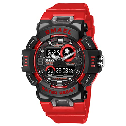 SMAEL Montre militaire à quartz numérique 8063 - Étanche à 50 m - Alarme lumineuse - Analogique - Couleur rouge