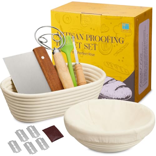 Image of Dimpola Banneton Bread Proofing Basket - Banneton Basket Set Sourdough Proofing Basket Round Proofing Bowls Handmade Rattan Baskets and Liners (Oval & Round Gift Set)