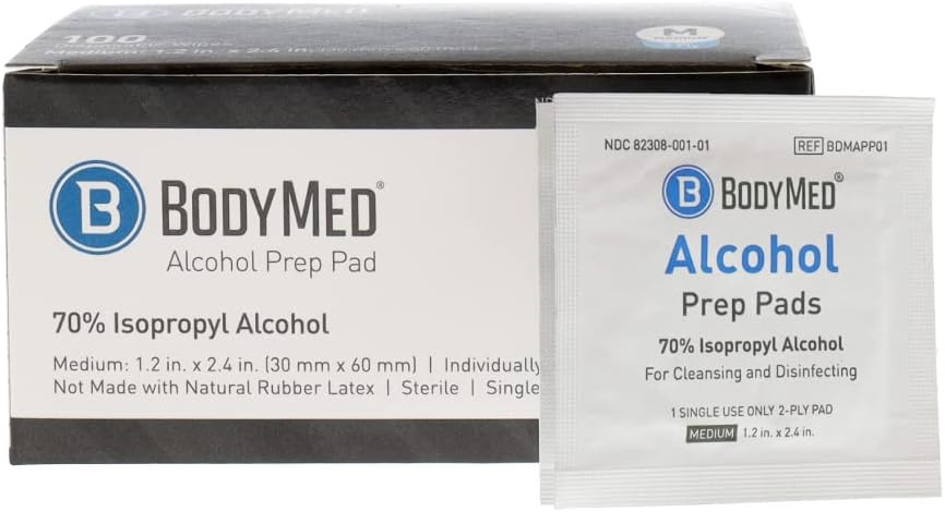 BodyMed Alcohol Prep Pads with 70% Isopropyl Alcohol, 100 Count - Individually Wrapped 1.2 in. x 2.4 in. Wipes - Great for Medical & First Aid Kits - Sterile, 2-Ply Swabs
