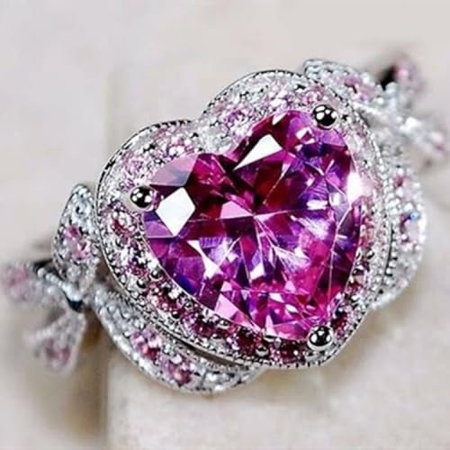 925 Sterling Silver Heart Crystal Ring for Women, Fashion Cubic Zirconia Heart Birthstone Ring, CZ Diamond Bridal Halo Engagement Wedding Pink Crystal Jewelry Gift Jewelry-Making-Patterns 8