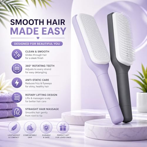 Image of Self Cleaning Hair Brush for Women & Kids - Detangler Hair Brush Comb for Wet or Dry Hair - Anti-Static Hairbrush Women Love - Gentle Scalp Massage Comb Brush for All Hair Types (pack of 1)