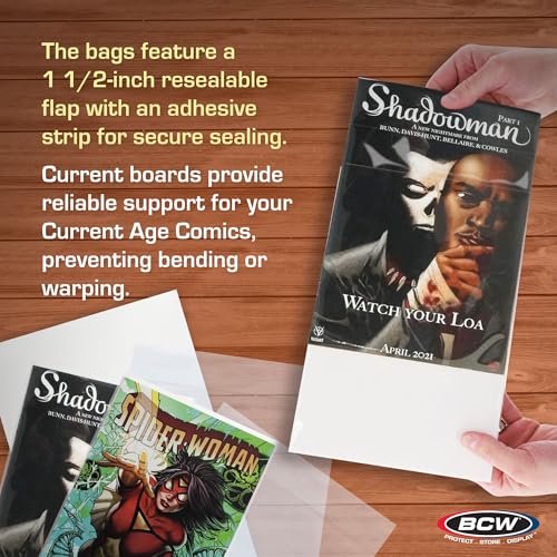 Image of BCW Resealable Current Comic Book Combo Pack | 100 Pack for Acid-Free Backing Boards & Resealable Bags | Comic Book Storage & Protection | Fits Current Comics | Archival Quality | Standard 6.88x10.5