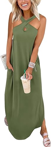 ANRABESS Vestido largo casual de verano para mujer, con tirantes cruzados, sexy, abertura lateral, sin mangas, suelto, para playa, con bolsillos