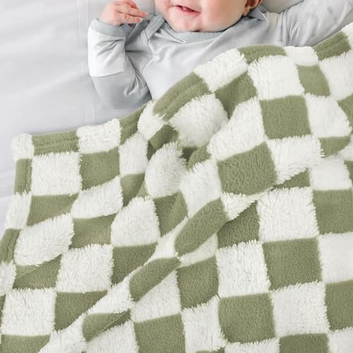 Image of HOMRITAR Mustard Green Checkered Baby Blanket for Boys Girls Fluffy Fleece | Soft Plush Warmer Receiving Blanket for Infant Toddler Shower Gift Nursery Crib Bed Stroller All Season 30 x 40 Inch
