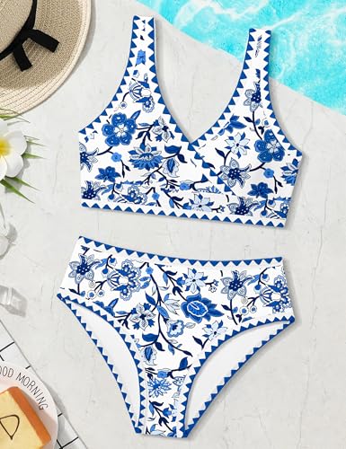 Image of KANGKANG Girls Swimsuit Bikini Set Solid Color V-Neck Two Piece Bathing Suit with Chest Pad Adjustable Straps Swimwear 7-16T