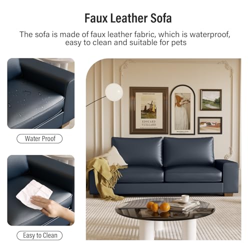 Image of Valthie Faux Leather Couch, Mid Century Modern Comfy Loveseat Sofa with Wide Arm, Side Pockets, Solid Wooden Frame for Office, Living Room and Bedroom, 3 Seater (Blue, 88.58 inches)