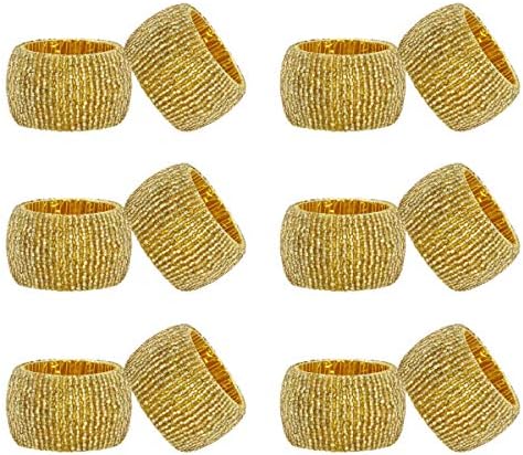 COTTON CRAFT Glitz Handmade Beaded Dining Table Napkin Rings - Set of 12 - Halloween Harvest Autumn Fall Thanksgiving Holiday Christmas Xmas Celebration Festive Party Gift Décor - Gold