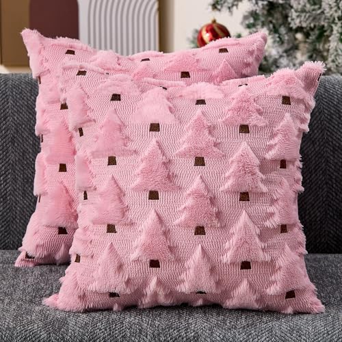 Image of Allorry Christmas Pillow Covers 16x16 inch Set of 2 Pink Christmas Decorations Soft Plush Faux Fur Wool Christmas Tree Throw Pillow Cases Winter Holiday Decor for Sofa Living Room PT002E16