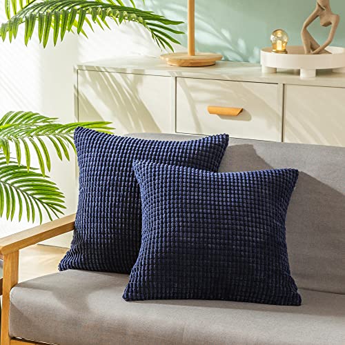 CaliTime Throw Pillow Covers Pack of 2 Comfy Corduroy Corn Striped Waffle Decorative Cushion Cases for Couch Sofa Bed Farmhouse 18 X 18 Inches Navy Blue