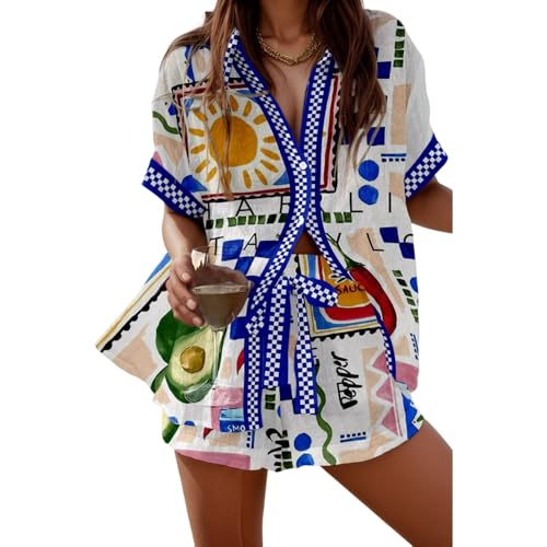 Women's Vacation Beach Two Piece Outfits Casual Floral Button Down