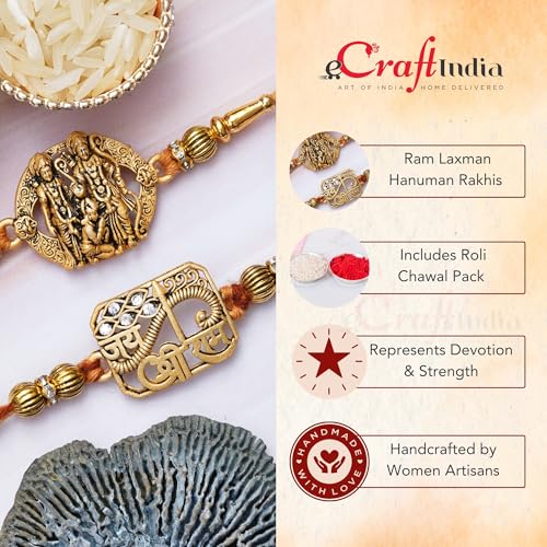 Image of eCraftIndia Set of 2 Green & Golden Shri Krishna and Radha Krishna Playing Flute Designer Religious Rakhis | Roli Chawal Pack | Rakhi for Brother