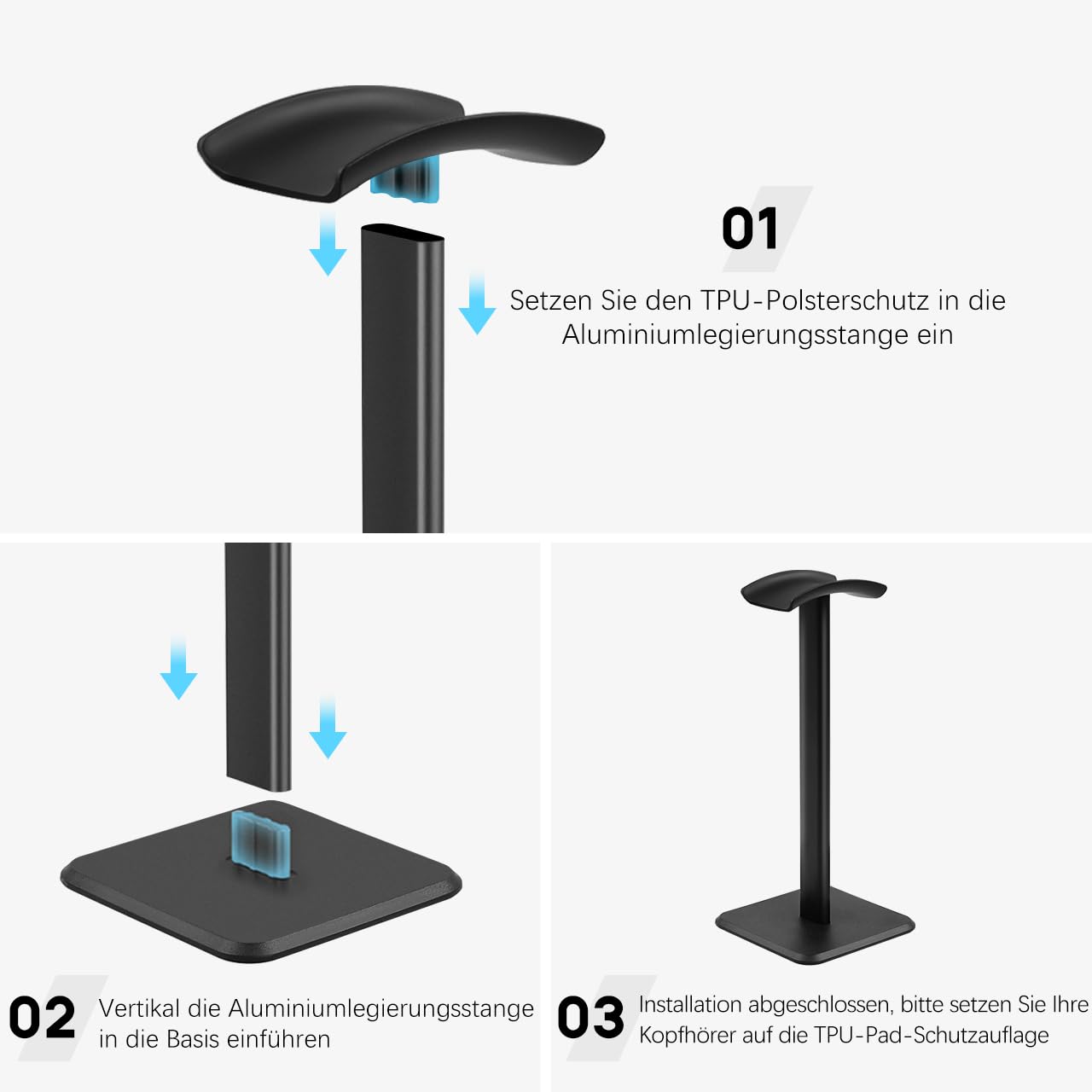 JIKIOU Kopfhörerständer Gaming Headset Halter Universal Aluminium Metall Kopfhörerhalter Aufhänger mit Aluminium Stützstange Flexibler Kopfstütze ABS Solide Basis für alle Kopfhörer 2er Pack (Schwarz)