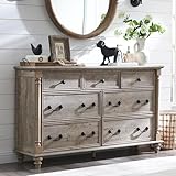 T4TREAM Farmhouse 7 Drawers Dresser Chests for Bedroom w/ 4 Solid Wood Feet & Column Decor, Tall Wide Wood Country Rustic Chest of Drawers, Storage Dressers for Bedroom, Living Room, Light Rustic Oak