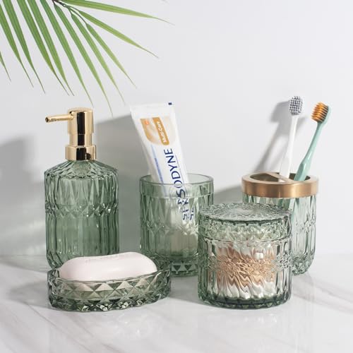 Juego de 5 Accesorios de Baño de Cristal Verde Dispensador de Loción, Jabonera, Soporte para Cepillo de Dientes, Vaso, Tarros de Hisopo de Algodón, Decoración Moderna de Baño, Regalo Vintage - imagen 4