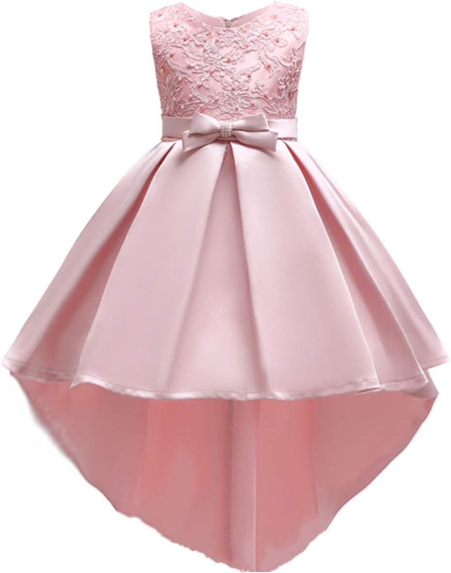 IWEMEKLittle Big Girls Hi Low Lace Embroidery Flower Wedding Train Tutu Dress Formal Pageant Party Princess Prom Ball Gown
