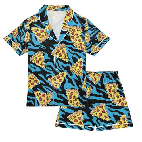 senya Blue Tiger Pizza Satin Summer Pajama Sets Silk Short Sleeve Button Down Sleepwear