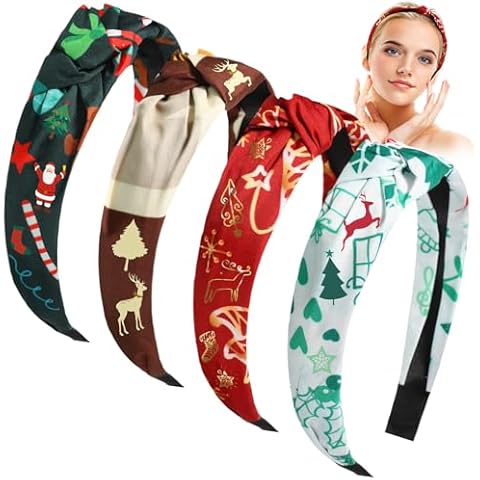 Wavwavw 4 Pcs Christmas Headband for Women Holiday Knotted Hair Accessories red Top Knot Headbands for Girls Snowflake Headwear Non Slip Xmas Hair Bands for Party Outfits(Classic) Cover