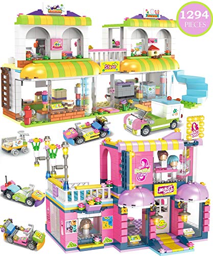 Featured Product 1294 Pieces Stylish Hair Salon Fun, Shopping Supermarket Creative Building Blocks Toy Set - Portable Storage Box with Base Plates Lid - Learning and Roleplay Present Gift for Kids Girls Boys Ages 6-12