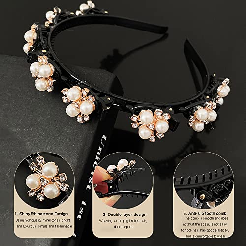 4 Pcs Rhinestone Fashion Headbands Double Bangs Hairstyle Hairpin Headbands, Double Layer Twist Headbands Headband With Clips Beaded Hair Accessories For Women Girl Wedding #TOP1