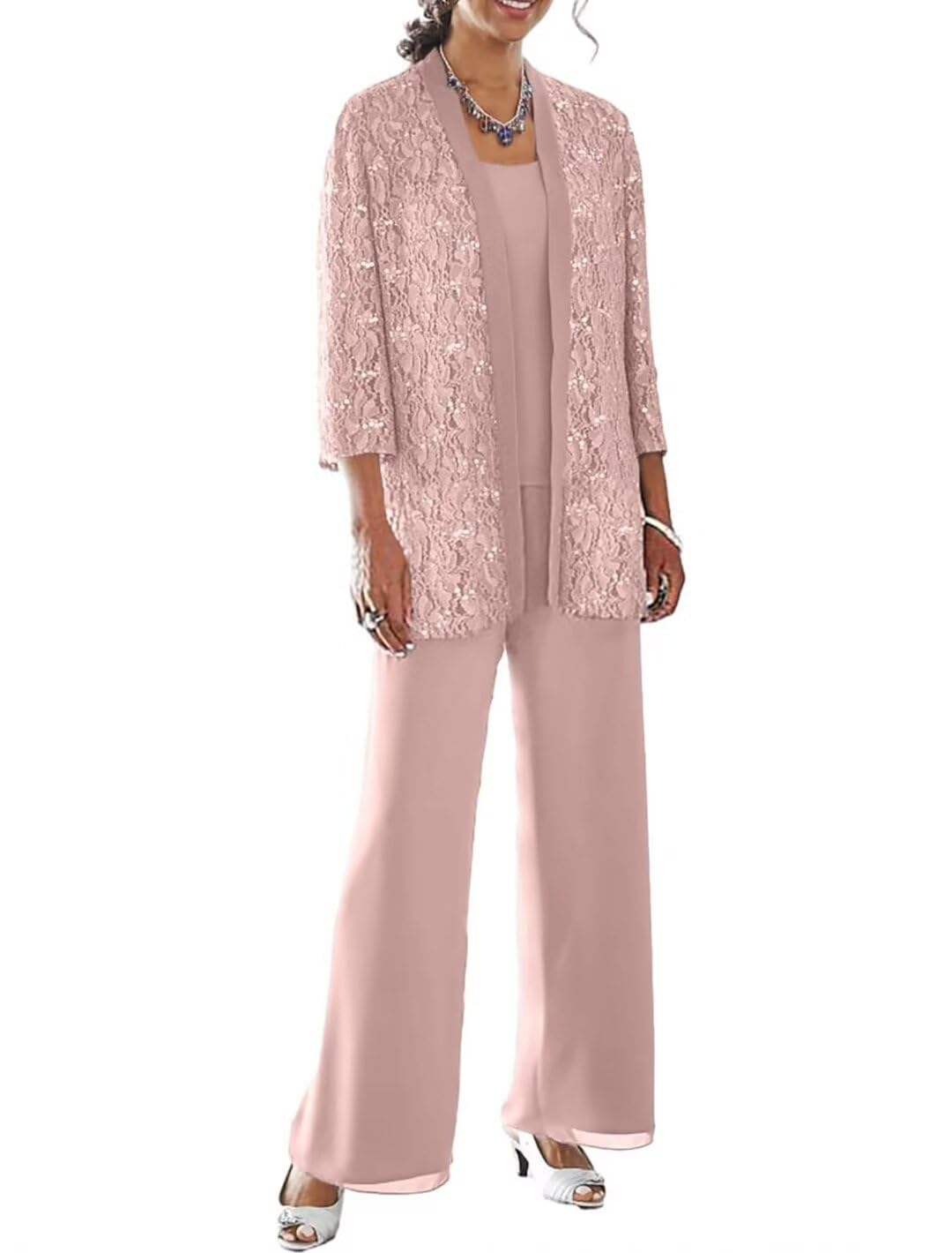 3 Pieces Mother of The Bride Pant Suits with Jacket 3 4 Sleeve Lace Chiffon Dressy Pants Outfit