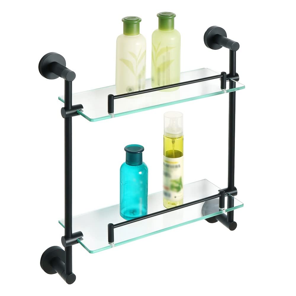 Schwebende Duschablage, Doppellagige Duschablage Aus Glas, Wandregal Zur Aufbewahrung, Schwarzes Badezimmerregal