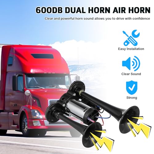 MUELODSIC Dual Trumpet Electric Air Horn Kit Loud Train Horn with Compressor for Trucks Suvs Cars Boats for Road Safety and Easy Installation