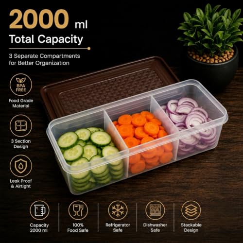 Image of MAGIC SPOON Multipurpose 3 Section Storage Container | Spice Box, Pickle Jar, Fridge Organizer, Dry Fruit, Vegetable & Kitchen Storage Container- Combo Pack (2000ml X 2) (BROWN-GREY)