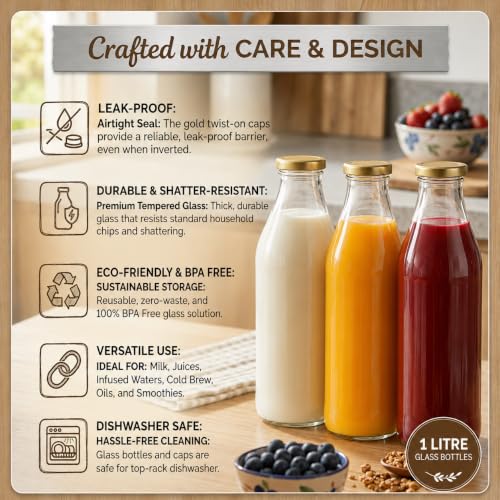 Image of Pure Source India 1 Litre Glass Bottle with Gold Metal Lid - Reusable, BPA-Free, Leak-Proof Beverage & Milk Storage Container (Set of 12), CLEAR