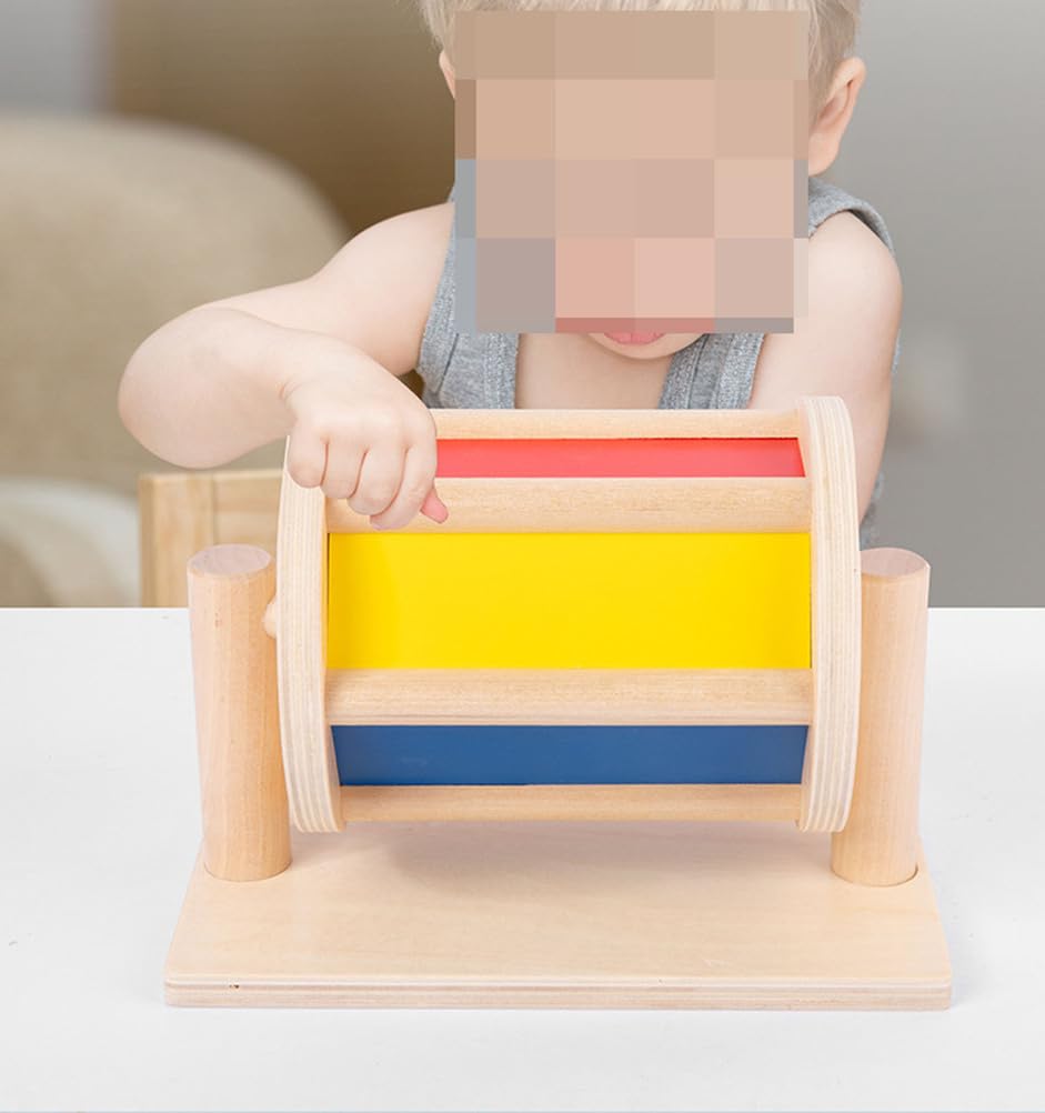 Drewniana zabawka bębenek Montessori, kolorowa wstążka jako zabawka sensoryczna dla małych dzieci