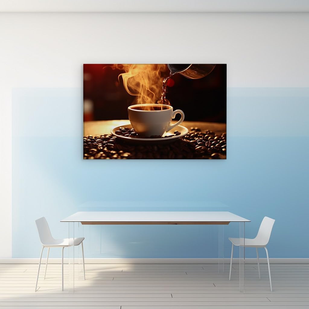 Canvas for Living room. Steamy Elegance as Coffee Overflows from Cup to Coziness, 27 x 18 inch Canvas Wall Art - Abstract By Atmosphere - Modern Home Decor