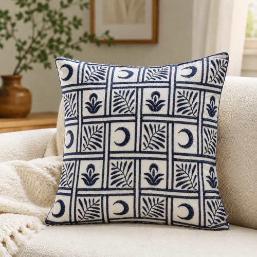 Image of Indigo Grid Leaf Embroidered Cushion Cover | Decorative Sofa Pillow Cover | Hidden Zipper | Premium Cotton Fabric | 16 x 16 Inch | Pack of 1