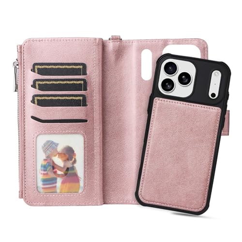 Coque iPhone 17 fermeture éclair et étui à rabat magnétique rose
