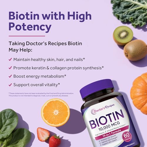 Doctor's Recipes Biotin Complex, Hair, Skin & Nails, with Vitamins A, C, D3 & B, Collagen, Keratin, MSM, Hyaluronic Acid, Amino Acids, Choline & Inositol, Metabolism, Nerve Health, 60 Caps — view 3