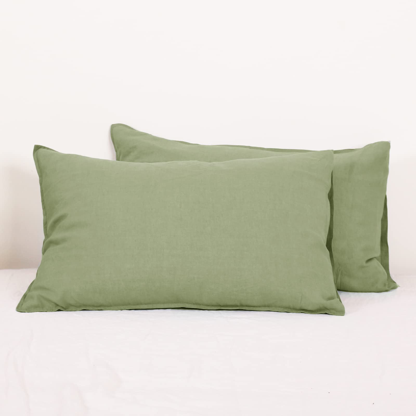 Simple&Opulence 100% Linen Cotton Like Pillowcase 50x75CM Sage Green, 2PCS Decorative Basic Style Pillow Cover for Sleeping with Envelope Closure