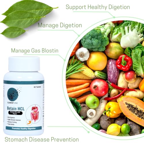 Image of Element One Betaine HCL with Pepsin Stomach Acid Balance & Digestive Enzymes Health Support Acidity, Indigestion, hcl supplement Gut Health Support, Nutrient Absorption 180 Tablets Pack of 3