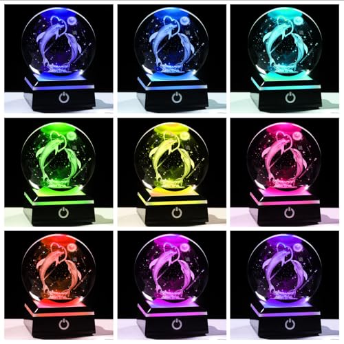 Image of 3D Crystal Ball Dolphin Gifts for Women Men Adults Snow Globe Ornament with LED Base Night Light, Laser Etched Unique Dolphins Figurine Desk Decor Gifts for Couples Nature Lovers