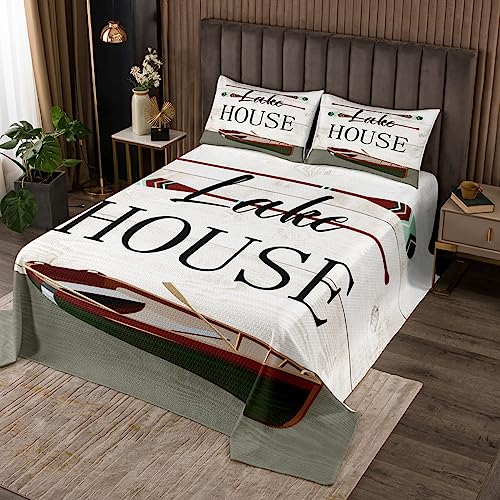 Lake House Quilt Bedding Set Queen Size,Go Boating Oars Paddle Lake Time Bedspread Coverlet for Girls Teens,Retro Rustic Farmhouse Wooden Board Soft Polyester Quilt Set, All Season
