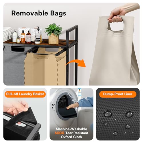 Laundry Hamper - Laundry sorter 3 Section 145L - Laundry Room Organization with 4 Pull-Out Drawers, Removable Oxford Bags, Lockable Wheels & Sturdy Shelf for Laundry Room, Bathroom, Bedroom - Image 4
