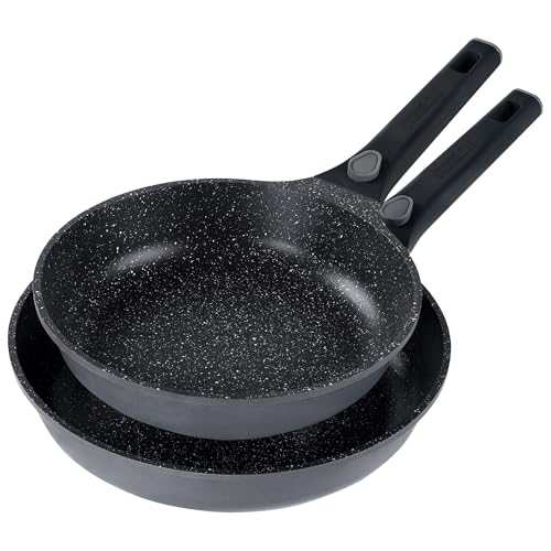 STONELINE SMART Pfannenset 2-teilig 24/28 cm, Große Pfanne Aluguss, Abnehmbarem Griff, Pfanne Induktion, Alle Herdarten, Antihaftbeschichtet mit echten Steinpartikeln, Grau