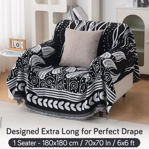 Image of HOKIPO Printed 320 GSM Chenille Sofa Cover Throw Blanket for 1 Seater Sofa - All Season, 'Serene Abode Series' Black Fern Tribal (180x180 cm) (AR-6631-D4)