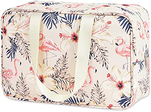 Full Size Toiletry Bag Women Large Cosmetic Bag Travel Makeup Bag Organizer Medicine Bag for Toiletries Essentials Accessories (Large, Brown) (Large, Beige Flamingo)