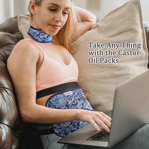 Image of Reusable Castor Oil Pack Wrap for Liver Detox, Castor Oil Wrap for Stomach Less Mess, Elastic Strap Bamboo Cotton Machine Washable Anti Oil Leak 2pcs, Blue and White