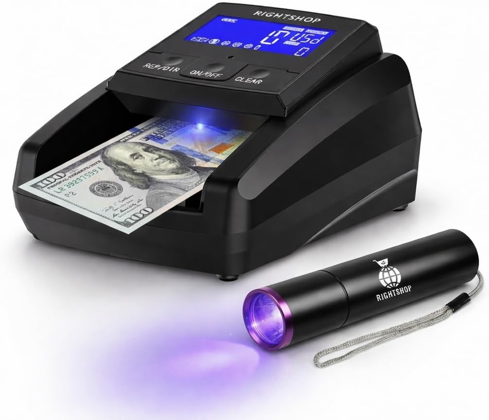 Counterfeit Bill Detector Machine with UV Flashlight, IR MG UV Detection - Fake Bill Checker for USD, EUR & GBP, Cash Value Calculator with Automatic 4-Way Orientation
