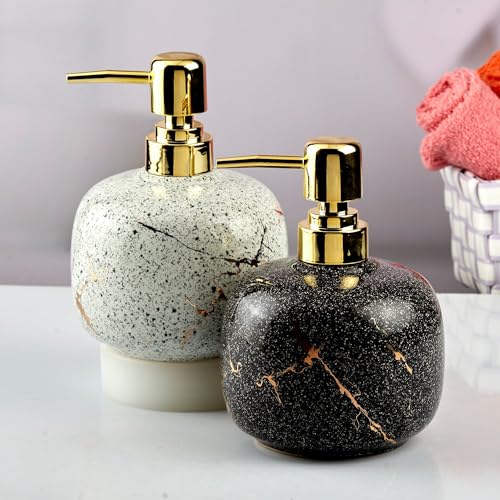 Image of Kookee Ceramic Soap Dispenser with Pump for Kitchen, Bathroom, & Wash Basin, Designer Refillable for Liquid Handwash, Shampoo & Lotion, Leakproof, Set of 2, Black /White (10568)