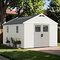 Greesum 10×14 FT Plastic Outdoor Storage Shed with Floor and Lockable Door, Resin Sheds with Windows and Skylights, Weather Resistant Organization for Garden, Lawn, Pool Supplies, Beige