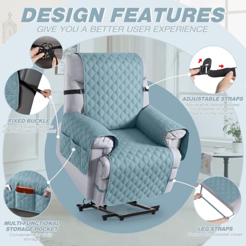 Image of TAOCOCO 100% Waterproof Recliner Chair Covers Reversible 22 inch, Sky Blue | Recliner Protector with Leg Straps, Washable 1 Seat Reclining Chair Slipcover with Storage Pocket for Pets & Kids