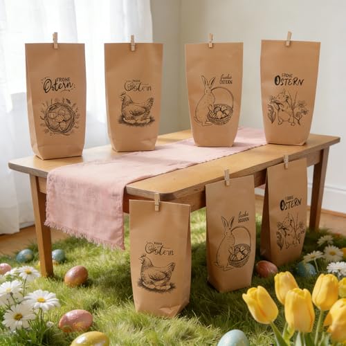 Esitrormi 12 Stück Ostertüten zum Befüllen, Kraftpapier Geschenktüten Ostern Set mit Holzklammern Aufklebern & Hanfseil, für Ostergeschenke Kinder Eiersuche Party Dekoration