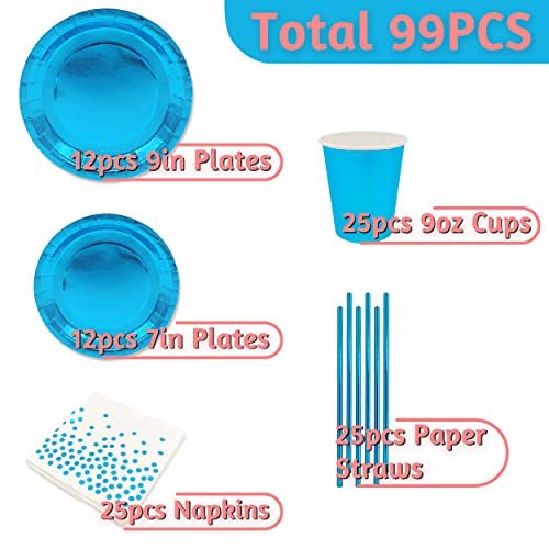 INHEMING Stoviglie per Feste in Blu,99 Pezzi Set di Stoviglie Usa e Getta Include Piatto Tovagliolo Tazza Cannucce per Feste, Compleanni, Matrimoni, Anniversari(25 Ospiti)